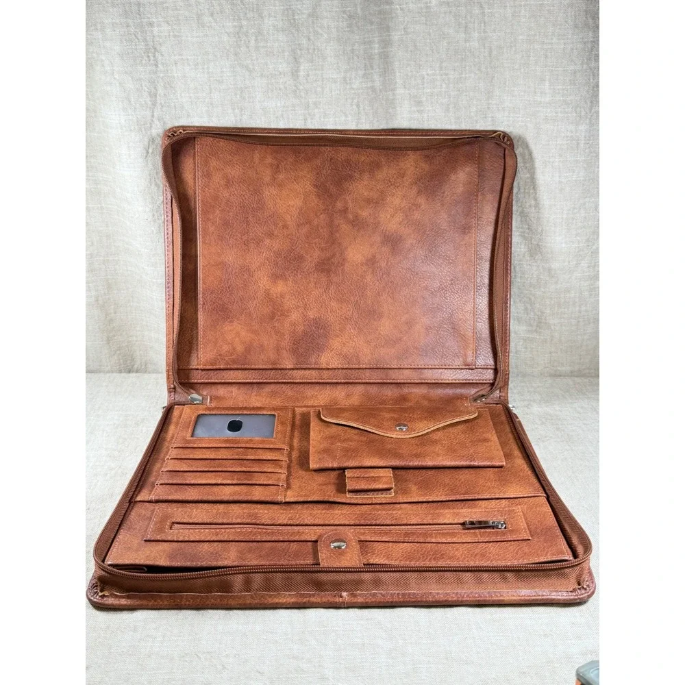 Vintage Cognac Faux Leather Portfolio Organizer Zip Folio Business Case